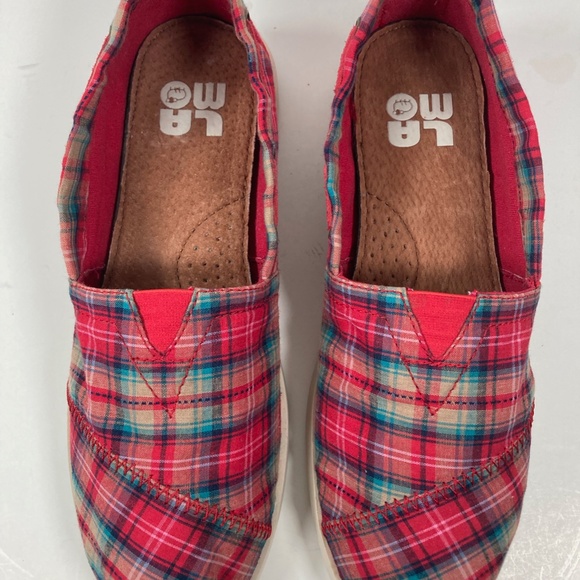 LAMO Boat Shoes Loafers Flat Size 7 Red/Multicolor Plaid Fabric SW1302 Coast NEW - Picture 2 of 8